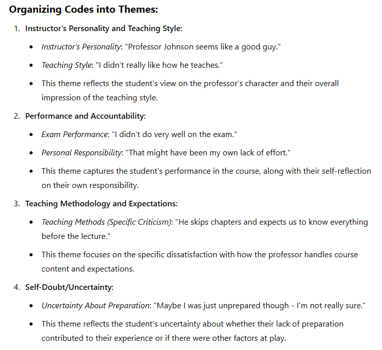A screenshot where CHATGPT has organized the codes it analyzed from a survey response into themes.